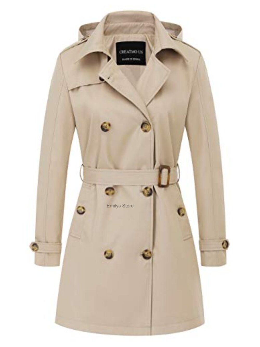 Women's Double-Breasted Trench Coat Belted Slim Fit Detachable Hood Mid-Length
